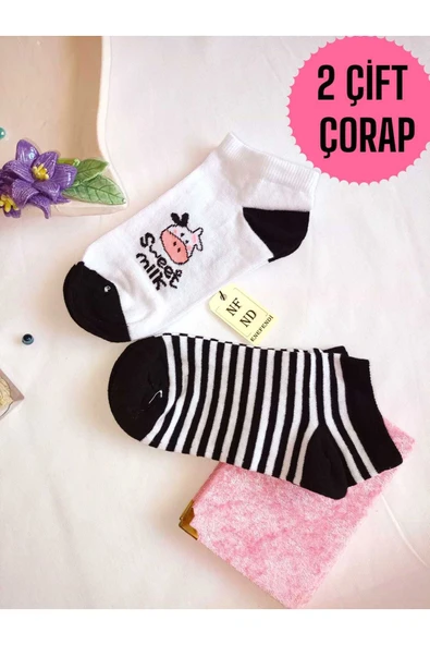 2 ÇİFT DİKİŞSİZ PATİK ÇORAP PAMUKLU KISA KONÇ DESENLİ KADIN ÇORABI 36-40 SİYAH BEYAZ ürün görseli 1