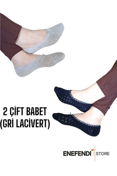 BABET ÇORAP 2 ÇİFT KADIN MERSERİZE DANTELLİ FİLE PAMUKLU GÖRÜNMEZ ÇORABI LACİVERT GRİ ürün görseli 1