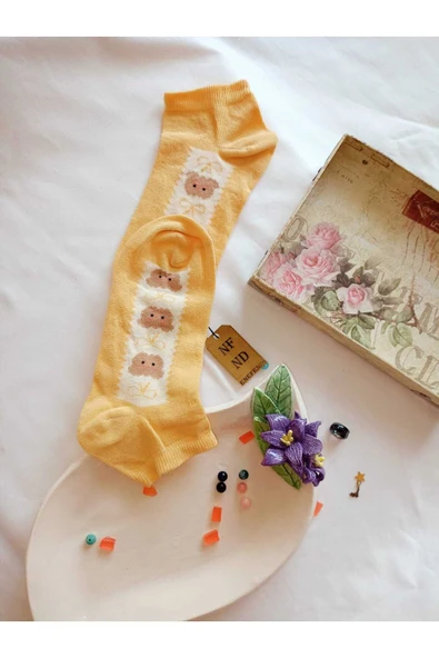 2 ÇİFT ÇORAP PAMUKLU BURUN DİKİŞSİZ KISA KONÇ DESENLİ KADIN PATİK ÇORABI 36-40 KAHVERENGİ SARI - Resim 5