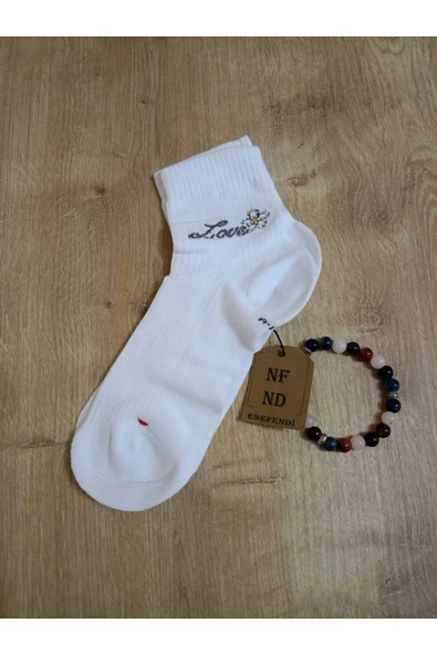 TAŞLI LOVE ÇİÇEK DESENLİ KOKULU LİKRALI KISAKONÇ ÇORAP DİKİŞSİZ PAMUKLU KADIN BEYAZ ÇORABI 36-40 ürün görseli 1