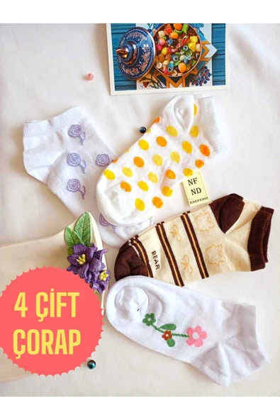 4 ÇİFT ÇORABI YUMUŞAK KADIN PAMUKLU KISA KONÇ DESENLİ BURUN DİKİŞSİZ PATİK ÇORAP 36-40 ürün görseli 1