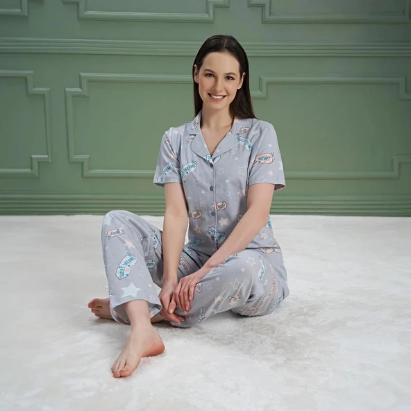 Over Sleep 976 Kadın Kısa Kol Önden Düğme Pijama Takım ürün görseli 1