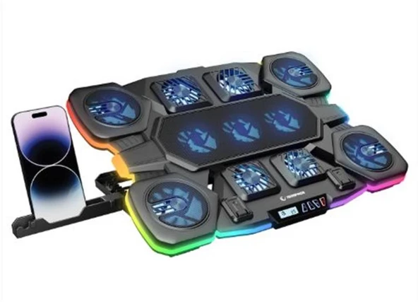 Rampage S50 RGB Işıklı 11 Fanlı LCD Göstergeli 1 Type C 1 Usb Girişli Notebook Soğutucu - Resim 2