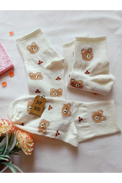 2 ÇİFT PAMUKLU KOKULU TEDDY KADIN ÇORAP YUMUŞAK DİKİŞSİZ AYICIK DESEN EKRU VE SİYAH ARA KONÇ 36 40 - Resim 4