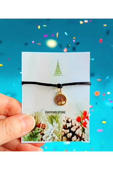 BİLEKLİK KARTLI HAYAT AĞACI METAL ALTINSARISI HEDİYELİK ŞANS BEREKET ARKADAŞ BİLEKLİĞİ SİYAH İP ürün görseli 1