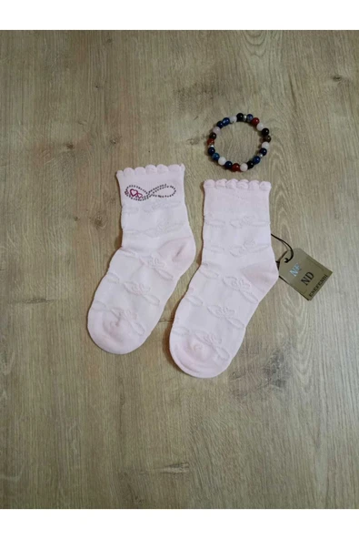 TAŞLI PAMUKLU KIZ ÇOCUK KISAKONÇ ÇORAP UÇUKPEMBE YUMUŞAK SOKET KIZ ÇOCUK ÇORABI 5-6 Y - Resim 2