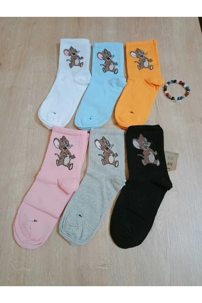 Jerry Hayvan Desenli Pamuklu Çorap Arakonç Kadın Mavi Soket Dikişsiz Çorap 36-40 - Resim 3