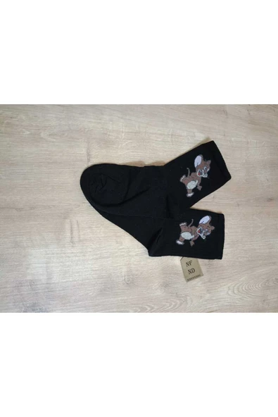 Jerry Hayvan Desenli Pamuklu Çorap Arakonç Kadın Siyah Soket Dikişsiz Çorap 36-40 - Resim 2