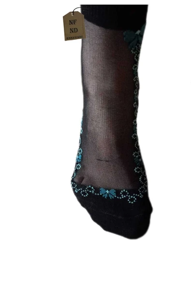 TÜL PAMUK ELASTAN ÇORAP KISA KONÇ KOKULU TURKUAZ ÇİÇEKLİ RAHAT ESNEK TÜLLÜ ÇORABI 36-40 - Resim 2