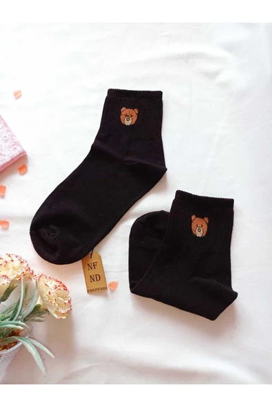 2 ÇİFT PAMUKLU KOKULU TEDDY KADIN ÇORAP YUMUŞAK DİKİŞSİZ AYICIK DESEN EKRU VE SİYAH ARA KONÇ 36 40 - Resim 7