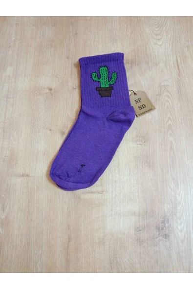 Dikişsiz Kaktüs Desenli Pamuklu Yumuşak Çorap Kaktüslü Arakonç Kadın Mor Soket Çorabı 36-40 ürün görseli 1