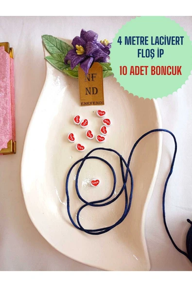 4 METRE FLOŞ İP SIÇAN KUYRUĞU KALINLIĞI 2mm LACİVERT BİLEKLİK TAKI HEDİYELİK İPİ VE 10 LOVE BONCUK ürün görseli