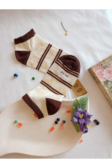 ÇORAP DİKİŞSİZ YUMUŞAK PAMUKLU KISA KONÇ DESENLİ KADIN PATİK ÇORABI 36-40 TEK ADET KAHVE KREM ürün görseli 1