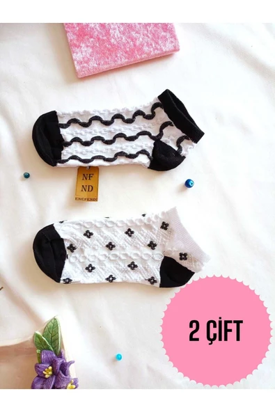 2 ÇİFT ÇORAP YUMUŞAK DİKİŞSİZ BURUN PAMUKLU KISA KONÇ DESENLİ PATİK ÇORABI 36-40 ürün görseli 1