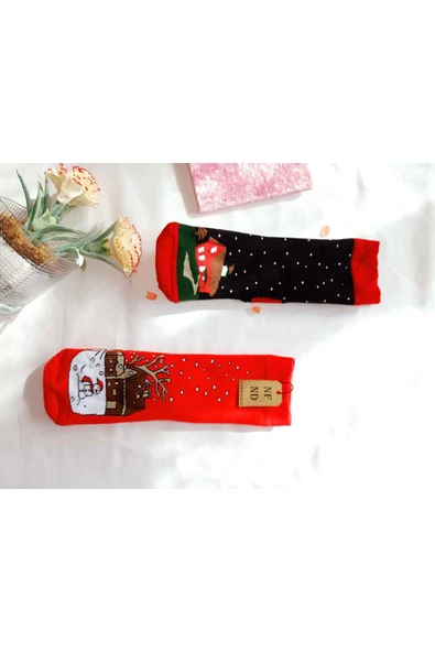 2 ÇİFT TERMAL SOKET  YILBAŞI HAVLU YUMUŞAK HEDİYE KIŞLIK KADIN ÇORABI KIRMIZI SİYAH ÇORAP 36-40 - Resim 3