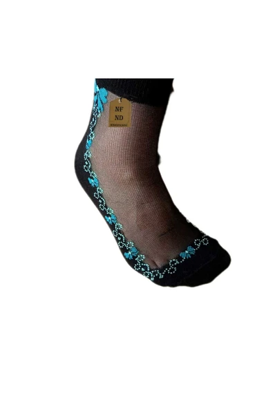 TÜL PAMUK ELASTAN ÇORAP KISA KONÇ KOKULU TURKUAZ ÇİÇEKLİ RAHAT ESNEK TÜLLÜ ÇORABI 36-40 - Resim 4