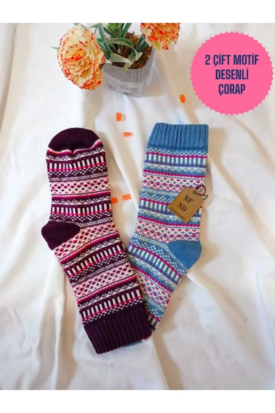2 ÇİFT KALIN KIŞLIK YUMUŞAK ÇORAP YILBAŞI MOTİF ETNİK DESENLİ KADIN ÇORABI MAVİ MOR  36-40 ürün görseli 1