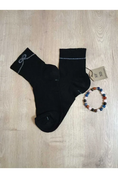 KURDELE TAŞLI LASTİKSİZ KOKULU LİKRALI KISAKONÇ  ÇORAP DİKİŞSİZ PAMUKLU SİYAH KADIN ÇORABI 3640 - Resim 3