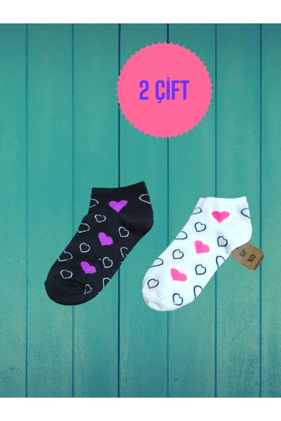 2 ÇİFT PATİK KALP DESENLİ KALPLİ KADIN ÇORABI PAMUKLU KISAKONÇ SİYAH BEYAZ ÇORAP 36-40 ürün görseli 1