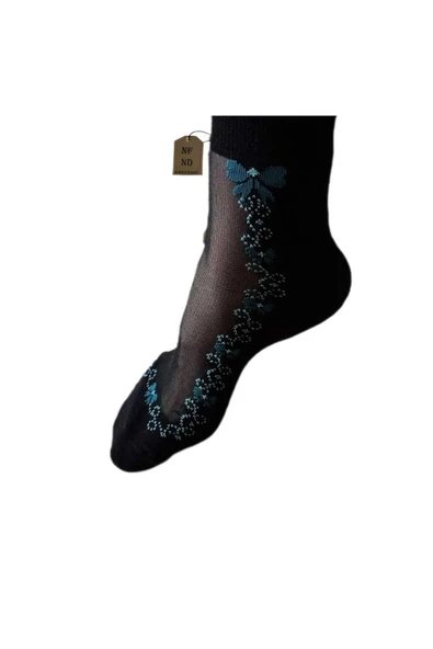 TÜL PAMUK ELASTAN ÇORAP KISA KONÇ KOKULU TURKUAZ ÇİÇEKLİ RAHAT ESNEK TÜLLÜ ÇORABI 36-40 - Resim 3