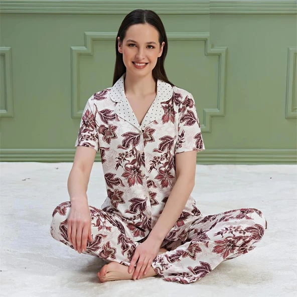 Over Sleep 1323 Kadın Kısa Kol Önden Düğme Pijama Takım ürün görseli 1