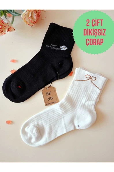 2 ÇİFT PAMUKLU BURUN DİKİŞSİZ KOKULU LİKRALI KISA KONÇ ÇORAP SİYAH KREM KADIN ÇORABI 36-40 ürün görseli 1