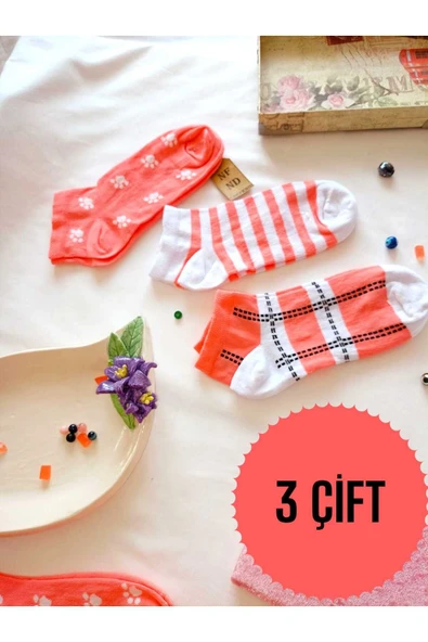 3 ÇİFT KADIN ÇORAP BURUN DİKİŞSİZ PAMUKLU KISA KONÇ DESENLİ PATİK ÇORABI 36-40 BEYAZ PEMBE ürün görseli 1