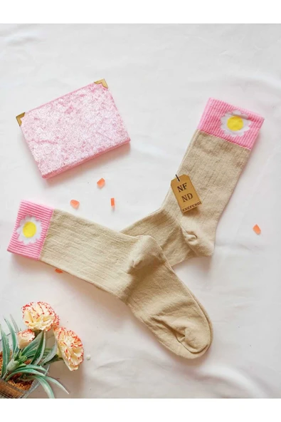 2 ÇİFT PAPATYA PAMUKLU KOKULU KADIN ÇORAP YUMUŞAK DİKİŞSİZ EKRU KAHVE SOKET 36 40 - Resim 7