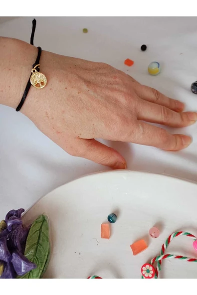 BİLEKLİK KARTLI HAYAT AĞACI METAL ALTINSARISI HEDİYELİK ŞANS BEREKET ARKADAŞ BİLEKLİĞİ SİYAH İP - Resim 4