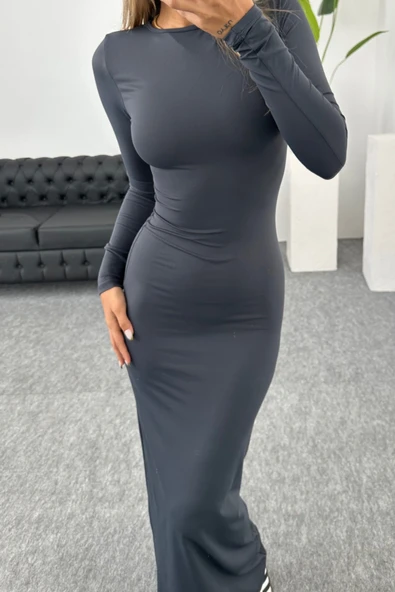 Khar Antrasit Uzun Kollu Maxi Bisiklet Yaka Elbise - Resim 2