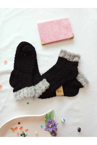 2 ÇİFT TAY TÜYÜ TERS HAVLU PATİK ÇORABI KABARTMALI KOKULU YILBAŞI HEDİYE TURUNCU SİYAH 36-40 - Resim 2