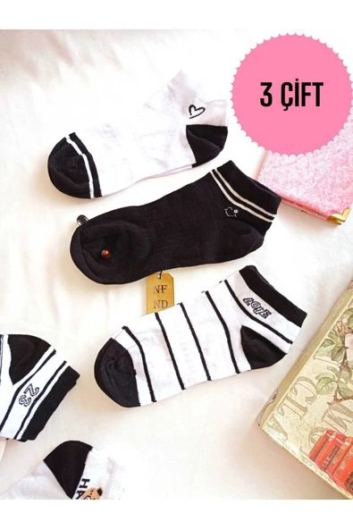 3 ÇİFT KADIN ÇORAP BURUN DİKİŞSİZ PAMUKLU KISA KONÇ DESENLİ PATİK ÇORABI 36-40 SİYAH BEYAZ ürün görseli