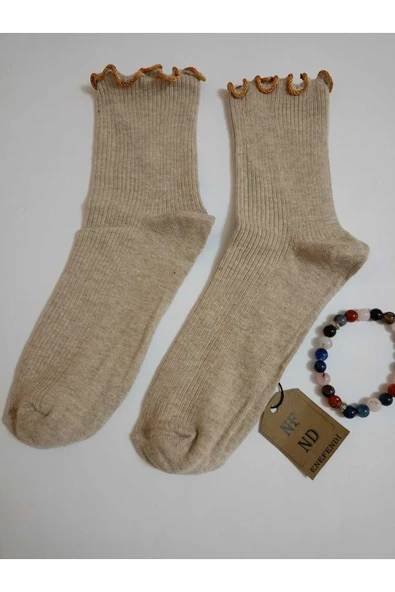 2 ÇİFT FIRFIRLI JAKARLI SOKET KADIN LİKRALI PAMUKLU KAHVE ve KALPLİ KOLEJ BEYAZ ÇORAP 36-40 - Resim 2