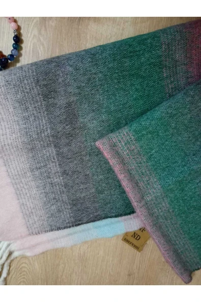 Renkli Kareli Yumuşak, Çift Taraflı Pofidik YeşilPembeSiyah Kışlık ,Sıcak Omuz Şalı - Atkı 45 X 185 - Resim 3