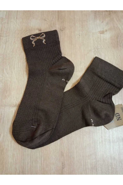 KURDELE TAŞLI KISAKONÇ LASTİKLİ ÇORAP KOKULU LİKRALI DİKİŞSİZ PAMUKLU KAHVE KADIN ÇORABI 36-40 ürün görseli 1