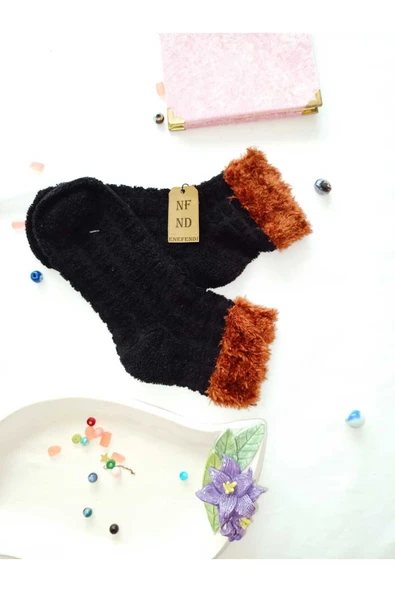 2 ÇİFT TAY TÜYÜ TERS HAVLU PATİK ÇORABI KABARTMALI KOKULU YILBAŞI HEDİYE SİYAH TURUNCU ÇORAP 36-40 - Resim 4