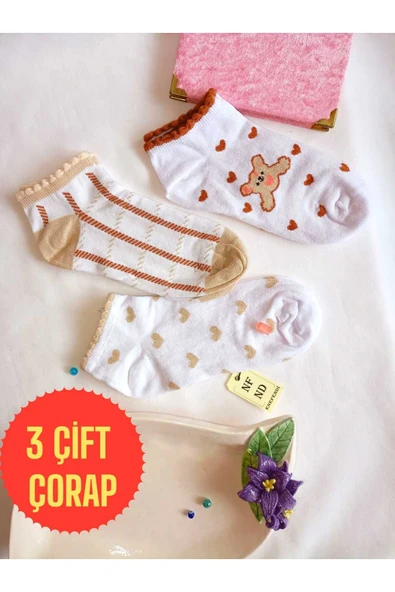 3 ÇİFT DİKİŞSİZ PATİK KADIN ÇORAP PAMUKLU KISA KONÇ DESENLİ ÇORABI 36-40 KAHVERENGİ BEYAZ ürün görseli 1
