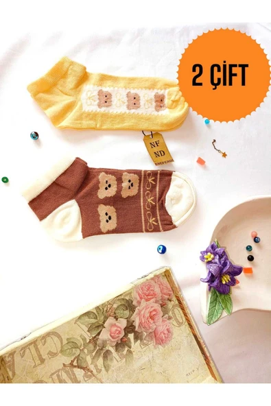 2 ÇİFT ÇORAP PAMUKLU BURUN DİKİŞSİZ KISA KONÇ DESENLİ KADIN PATİK ÇORABI 36-40 KAHVERENGİ SARI ürün görseli