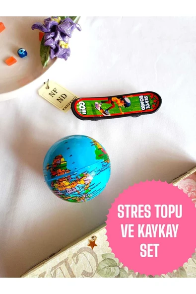 2li Set Stres Topu 6.3 Cm Çapında Dünya Haritalı Ve Plastik Parmak Kaykay 10 Cm Hediye Oyuncak ürün görseli 1