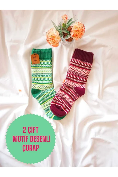 2 ÇİFT KALIN KIŞLIK YUMUŞAK ÇORAP SICAK YILBAŞI MOTİF ETNİK DESENLİ KADIN ÇORABI YEŞİL MOR 36-40 ürün görseli 1