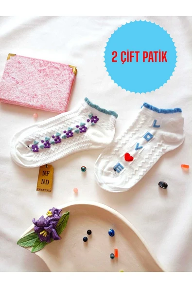 2 ÇİFT ÇORAP BURUN DİKİŞSİZ YUMUŞAK PAMUKLU KISA KONÇ DESENLİ KADIN PATİK 36-40 ürün görseli 1
