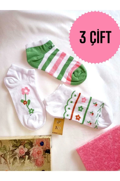 3 ÇİFT PATİK ÇORAP DİKİŞSİZ KADIN PAMUKLU KISA KONÇ DESENLİ ÇORABI 36-40 BEYAZ ÇİÇEKLİ ürün görseli 1