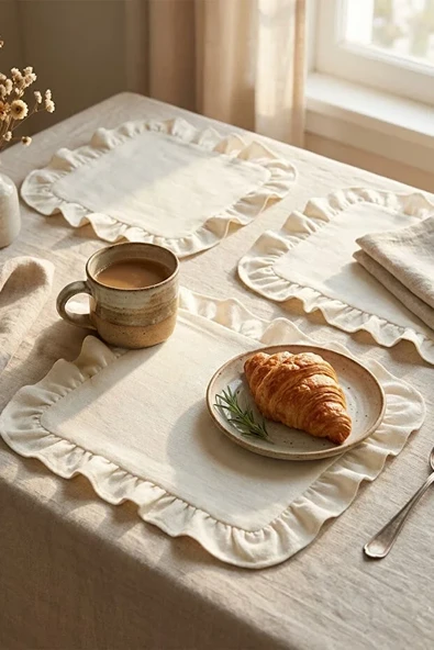 Pamuklu Fırfırlı Kendinden Çizgili Kare Supla 6'lı Set Amerikan Servis 33 Cm Çap Supla - Resim 5