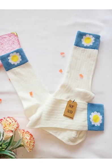 2 ÇİFT PAPATYA PAMUKLU KOKULU KADIN ÇORAP YUMUŞAK DİKİŞSİZ YEŞİL EKRU SOKET 36 40 - Resim 6