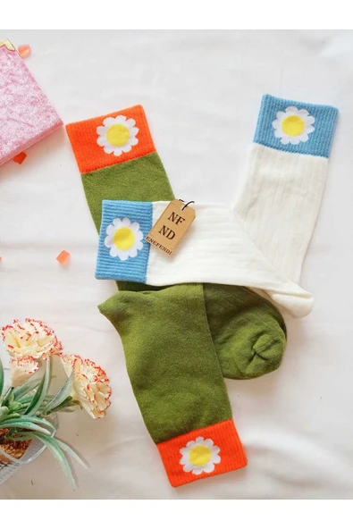 2 ÇİFT PAPATYA PAMUKLU KOKULU KADIN ÇORAP YUMUŞAK DİKİŞSİZ YEŞİL EKRU SOKET 36 40 - Resim 3
