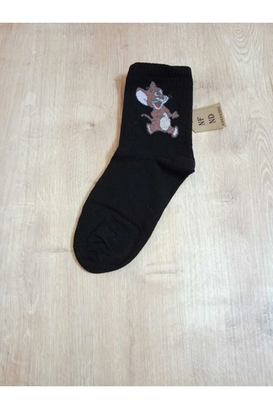 2 ÇİFT JERRY DESENLİ PAMUKLU DİKİŞSİZ ÇORAP ARAKONÇ KADIN MAVİ SİYAH BURUN DİKİŞSİZ ÇORAP 36-40 - Resim 6