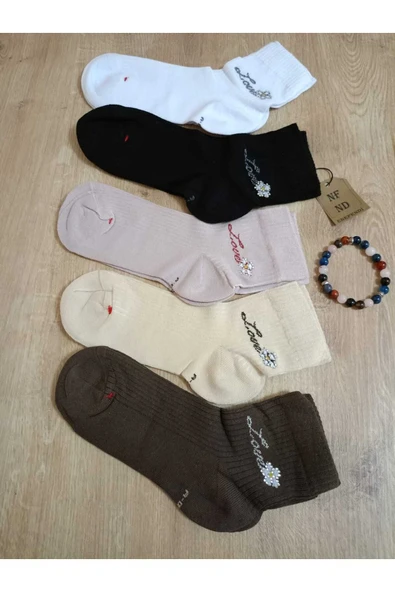 TAŞLI LOVE ÇİÇEK DESENLİ KOKULU LİKRALI KISAKONÇ ÇORAP DİKİŞSİZ PAMUKLU KADIN PEMBE ÇORABI 36-40 - Resim 6