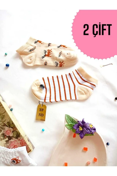 2 ÇİFT DİKİŞSİZ PATİK ÇORAP PAMUKLU KISA KONÇ DESENLİ KADIN ÇORABI 36-40 KAHVE ÇİZGİLİ ürün görseli 1
