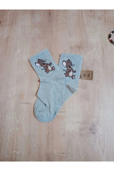 Jerry Hayvan Desenli Pamuklu Çorap Arakonç Kadın Gri Soket Dikişsiz Çorap 36-40 - Resim 3