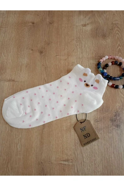 PATİK ÇORAP KULAKLI PAMUKLU DESENLİ KADIN ÇORABI 36-40 PUANTİYELİ, GRİPEMBE VE KREM 3 ÇİFT - Resim 2